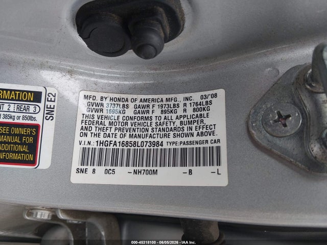 Продаж на аукціоні авто 2008 Honda Civic Ex, vin: 1HGFA16858L073984, номер лоту: 45318100