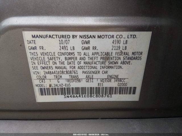 Aukcja sprzedaży 2008 Nissan Maxima 3.5 Se, vin: 1N4BA41E08C808761, numer aukcji: 45318102