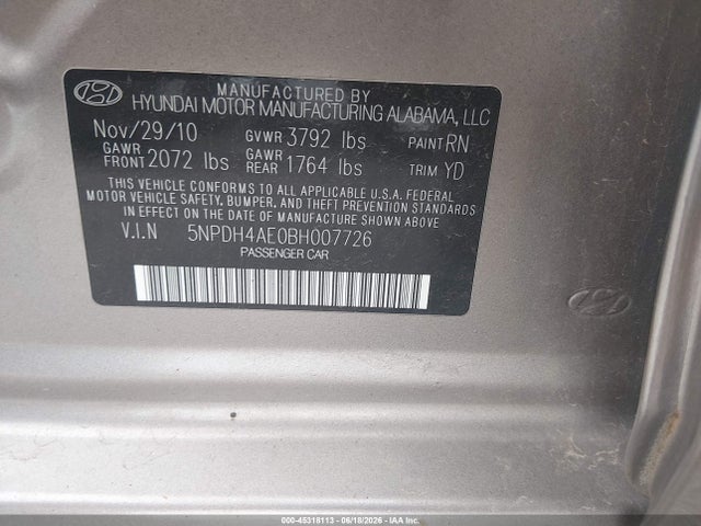 Продаж на аукціоні авто 2011 Hyundai Elantra Gls, vin: 5NPDH4AE0BH007726, номер лоту: 45318113