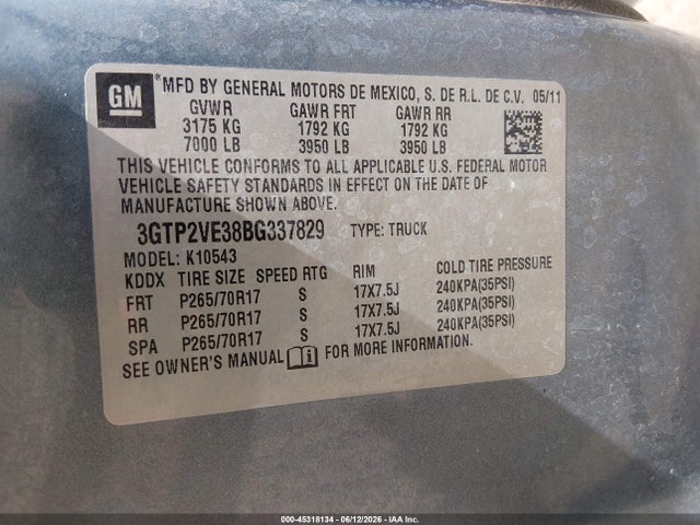 Aukcja sprzedaży 2011 Gmc Sierra 1500 Sle, vin: 3GTP2VE38BG337829, numer aukcji: 45318134