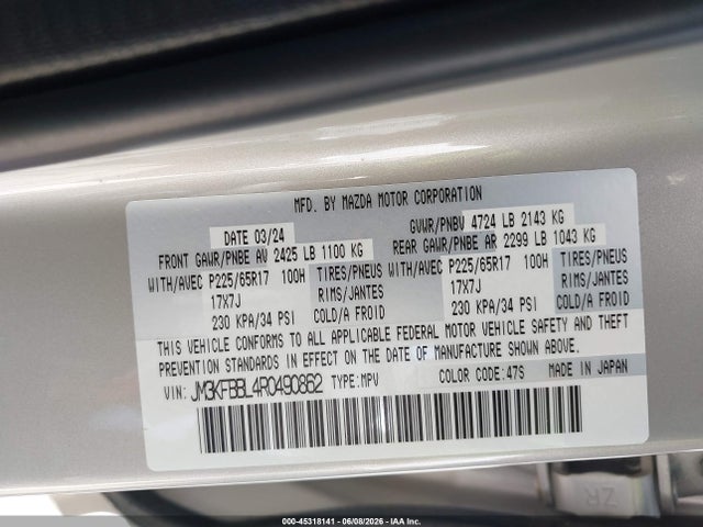Продаж на аукціоні авто 2024 Mazda Cx-5 2.5 S Select, vin: JM3KFBBL4R0490862, номер лоту: 45318141