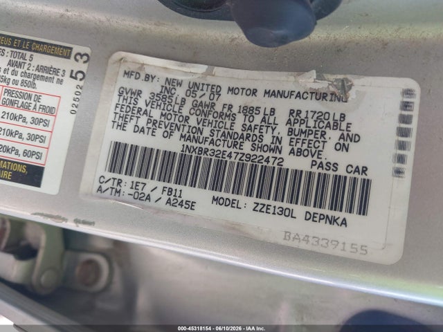 2007 Toyota Corolla Le მანქანა იყიდება აუქციონზე, vin: 1NXBR32E47Z922472, აუქციონის ნომერი: 45318154