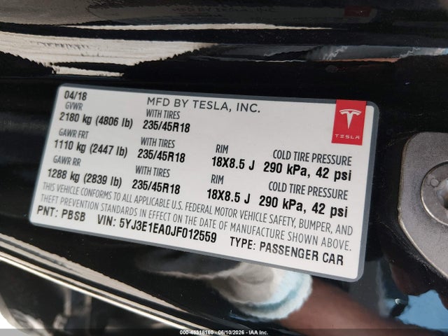 5YJ3E1EA0JF012559 Tesla Model 3 Long Range/mid Range