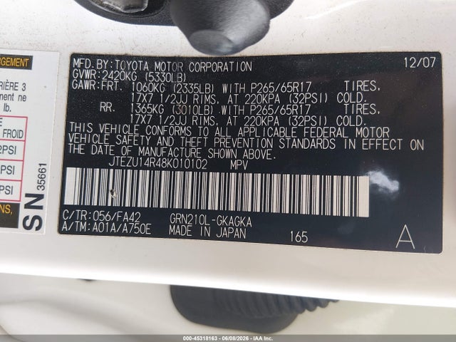 Aukcja sprzedaży 2008 Toyota 4runner Sr5 V6, vin: JTEZU14R48K010102, numer aukcji: 45318163