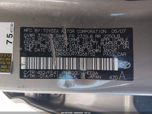 Aukcja sprzedaży 2007 Toyota Prius, vin: JTDKB20U973268152, numer aukcji: 45318165