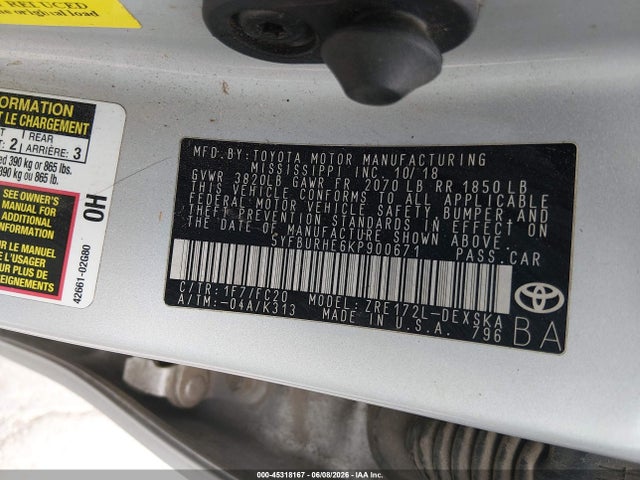 Toyota COROLLA SE 2019 5YFBURHE6KP900671 Image 9