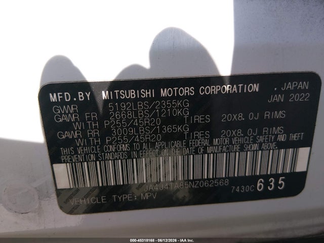 Продаж на аукціоні авто 2022 Mitsubishi Outlander Es 2.5 S-awc, vin: JA4J4TA85NZ062568, номер лоту: 45318168