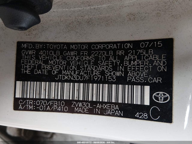 Toyota Prius Two 2015 JTDKN3DU7F1971153 Image 9