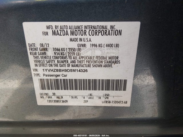 Aukcja sprzedaży 2013 Mazda Mazda6 I Sport, vin: 1YVHZ8BH9D5M14326, numer aukcji: 45318181