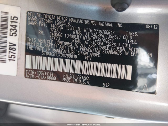 45318184 :رقم المزاد ، 5TDKK3DC7DS280818 vin ، 2013 Toyota Sienna Le V6 8 Passenger مزاد بيع