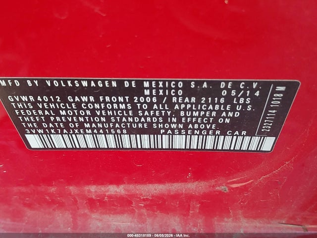 45318189 :رقم المزاد ، 3VW1K7AJXEM441568 vin ، 2014 Volkswagen Jetta 2.0l S مزاد بيع