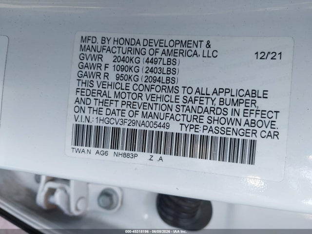 1HGCV3F29NA005449 Honda Accord Hybrid Sport