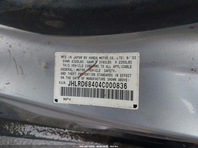 Aukcja sprzedaży 2004 Honda Cr-v Lx, vin: JHLRD68404C000836, numer aukcji: 45318200