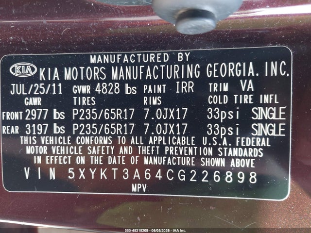 Продажа на аукционе авто 2012 Kia Sorento Lx, vin: 5XYKT3A64CG226898, номер лота: 45318209