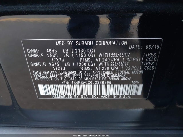 Subaru Outback 2.5i Premium 2018 4S4BSACC0J3386896 Image 9