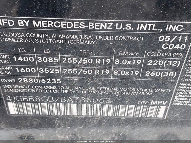 Aukcja sprzedaży 2011 Mercedes-benz Ml 350 4matic, vin: 4JGBB8GB7BA736063, numer aukcji: 45318222