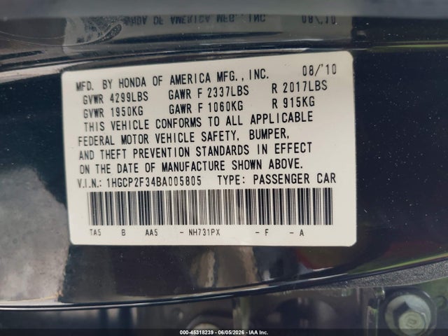 Продажа на аукционе авто 2011 Honda Accord 2.4 Lx, vin: 1HGCP2F34BA005805, номер лота: 45318239