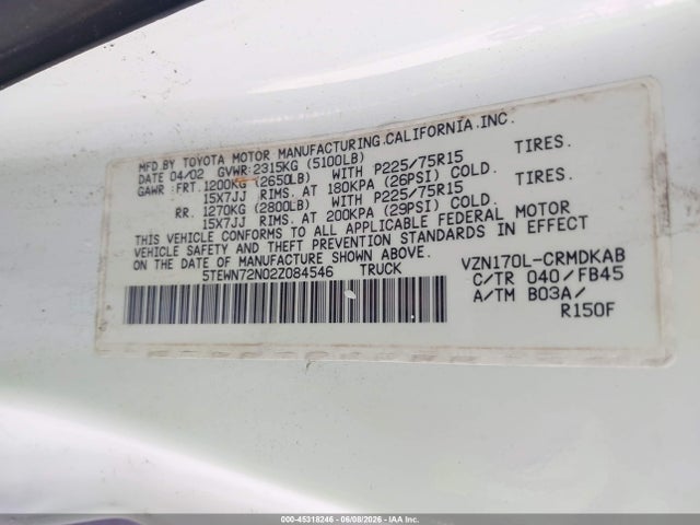 Aukcja sprzedaży 2002 Toyota Tacoma Base V6, vin: 5TEWN72N02Z084546, numer aukcji: 45318246