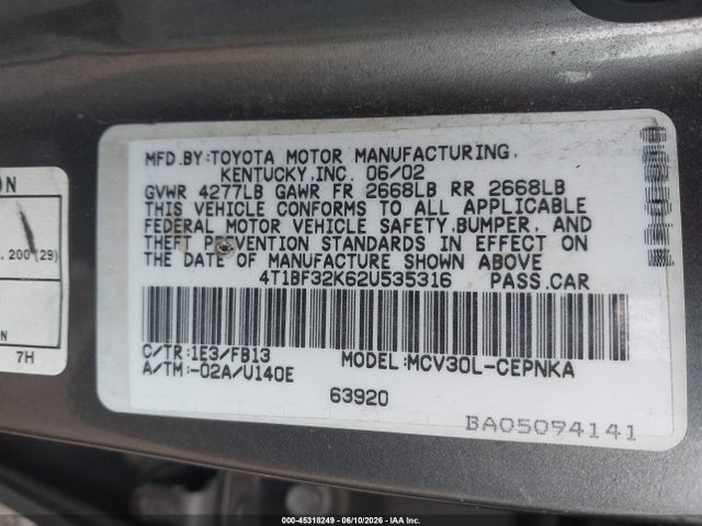 Aukcja sprzedaży 2002 Toyota Camry Le V6, vin: 4T1BF32K62U535316, numer aukcji: 45318249