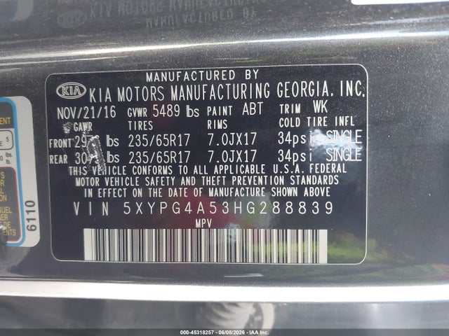 Aukcja sprzedaży 2017 Kia Sorento 3.3l Lx, vin: 5XYPG4A53HG288839, numer aukcji: 45318257