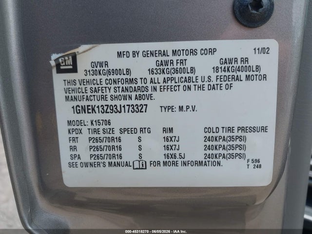 Aukcja sprzedaży 2003 Chevrolet Tahoe Ls, vin: 1GNEK13Z93J173327, numer aukcji: 45318270