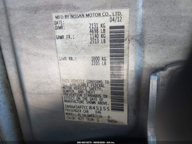 45318279 :رقم المزاد ، 1N4AA5AP7CC845155 vin ، 2012 Nissan Maxima 3.5 S مزاد بيع