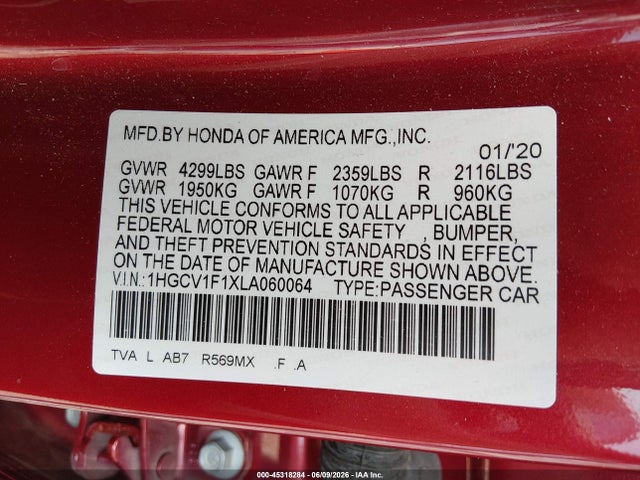 Aukcja sprzedaży 2020 Honda Accord Lx, vin: 1HGCV1F1XLA060064, numer aukcji: 45318284