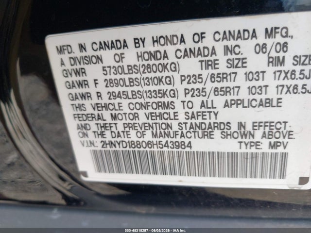 Продаж на аукціоні авто 2006 Acura Mdx, vin: 2HNYD18806H543984, номер лоту: 45318287