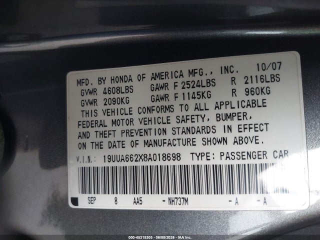 Aukcja sprzedaży 2008 Acura Tl 3.2, vin: 19UUA662X8A018698, numer aukcji: 45318305