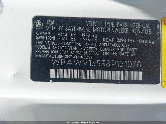 45318313 :رقم المزاد ، WBAWV13538P121078 vin ، 2008 Bmw 328i مزاد بيع