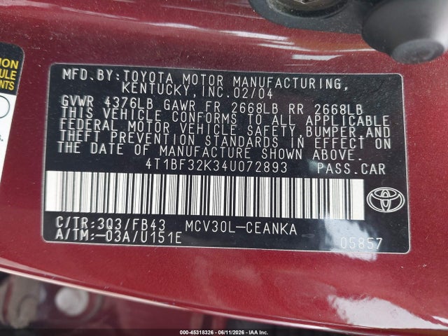 2004 Toyota Camry Le V6 მანქანა იყიდება აუქციონზე, vin: 4T1BF32K34U072893, აუქციონის ნომერი: 45318326