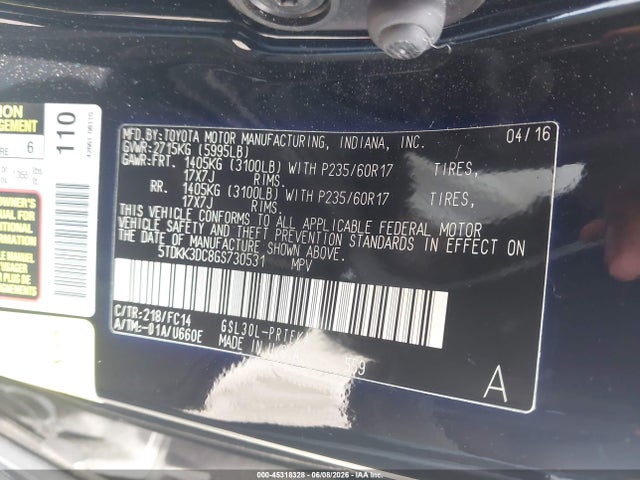 5TDKK3DC8GS730531 Toyota Sienna Le 8 Passenger