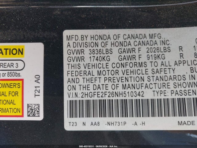 Honda Civic Lx 2022 2HGFE2F26NH510342 Image 9