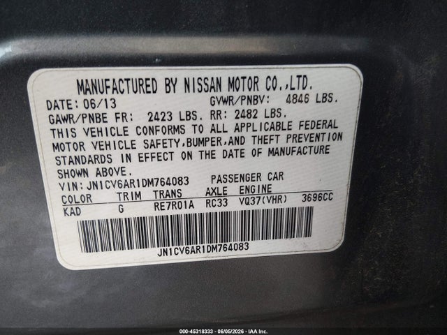 45318333 :رقم المزاد ، JN1CV6AR1DM764083 vin ، 2013 Infiniti G37x مزاد بيع