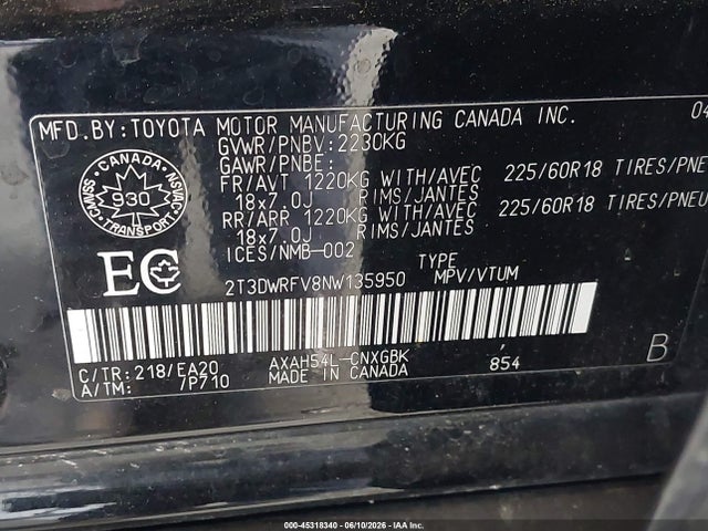 45318340 :رقم المزاد ، 2T3DWRFV8NW135950 vin ، 2022 Toyota Rav4 Hybrid Limited مزاد بيع