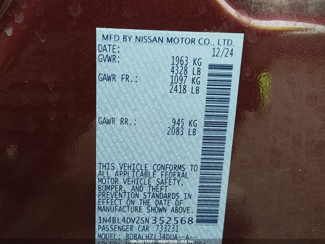 1N4BL4DV2SN352568 Nissan Altima Sv Fwd