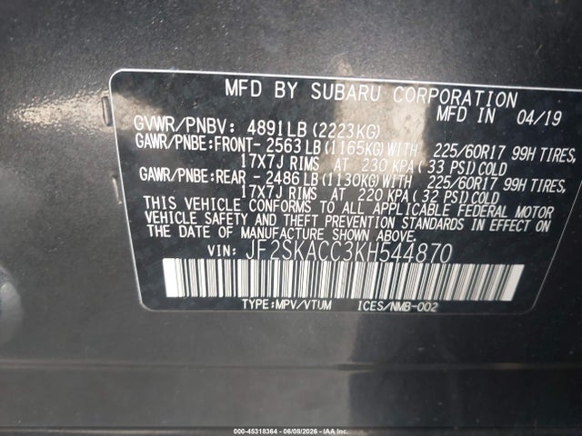45318364 :رقم المزاد ، JF2SKACC3KH544870 vin ، 2019 Subaru Forester مزاد بيع