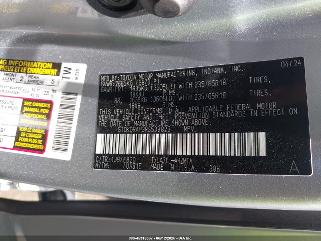 Toyota Highlander Xle 2024 5TDKDRAH3RS538823 Image 9