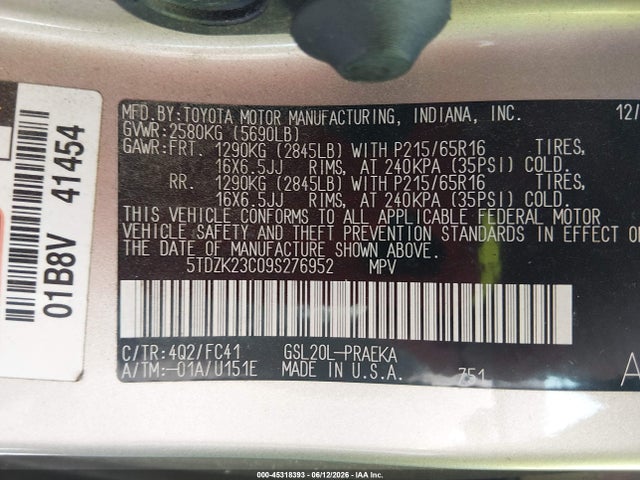 Продаж на аукціоні авто 2009 Toyota Sienna Le, vin: 5TDZK23C09S276952, номер лоту: 45318393
