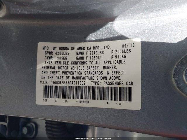 Aukcja sprzedaży 2016 Honda Accord Lx, vin: 1HGCR2F35GA011002, numer aukcji: 45318450