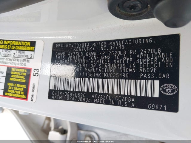 4T1B61HK1KU835180 Toyota CAMRY XSE