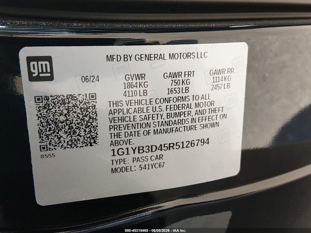 45318468 :رقم المزاد ، 1G1YB3D45R5126794 vin ، 2024 Chevrolet Corvette Stingray Rwd  2lt مزاد بيع