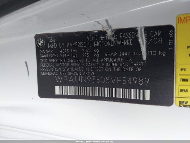 Продажа на аукционе авто 2008 Bmw 135i, vin: WBAUN93508VF54989, номер лота: 45318470