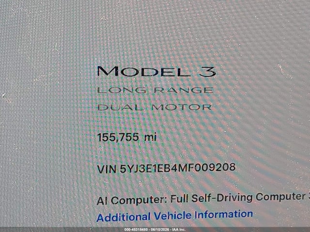 Продаж на аукціоні авто 2021 Tesla Model 3 Long Range, vin: 5YJ3E1EB4MF009208, номер лоту: 45318480