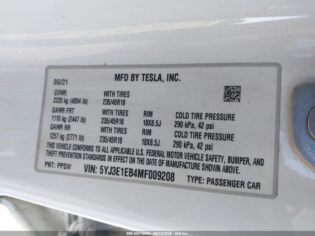 Продаж на аукціоні авто 2021 Tesla Model 3 Long Range, vin: 5YJ3E1EB4MF009208, номер лоту: 45318480