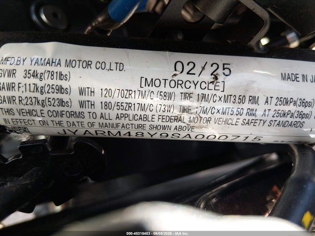 2025 Yamaha Mtn690 C მანქანა იყიდება აუქციონზე, vin: JYARM48Y9SA000715, აუქციონის ნომერი: 45318483
