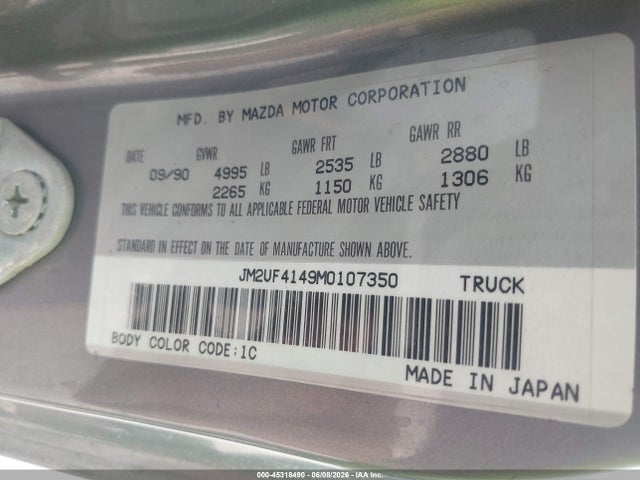 Aukcja sprzedaży 1991 Mazda B2600 Short Body, vin: JM2UF4149M0107350, numer aukcji: 45318490