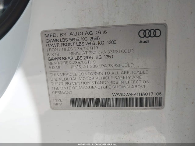 Продаж на аукціоні авто 2017 Audi Q5 3.0t Premium Plus, vin: WA1D7AFP1HA017106, номер лоту: 45318518
