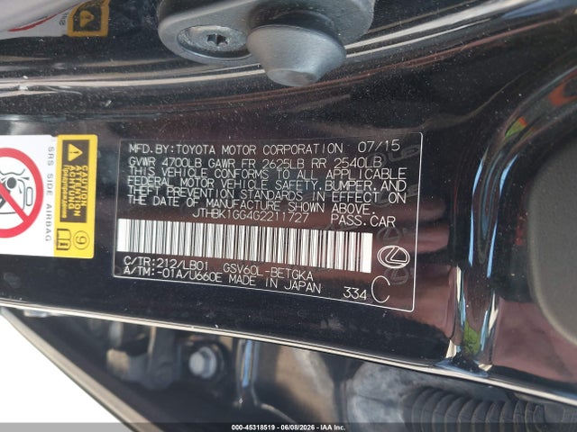 Продажа на аукционе авто 2016 Lexus Es 350, vin: JTHBK1GG4G2211727, номер лота: 45318519