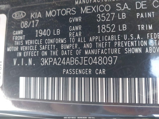 3KPA24AB6JE048097 KIA RIO LX